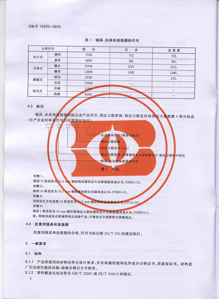 国标GB T 14370-2015国标GB T 14370-2015铁路工程预应力筋用夹片式锚具、夹具和毗连器手艺条件